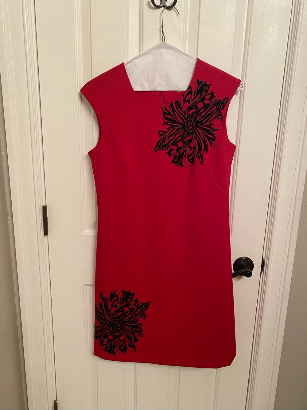Calvin Klein Red Sheath Dress with Black Floral Appliqué